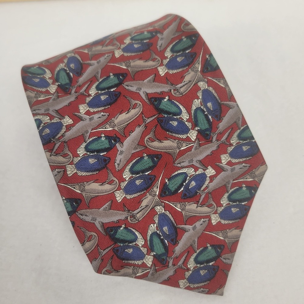 Bert Pulitzer Tie Mens Red Silk Shark Fish Ocean Nautical Novelty Made in USA